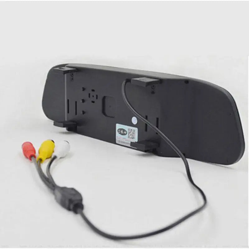 Black plastic 4.3 inch led rear view mirror with reversing camera black lens and threaded mounting rca cable connectors backside