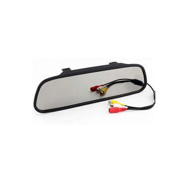 Black plastic 4.3 inch led rear view mirror with reversing camera black lens and threaded mounting rca cable connectors backside