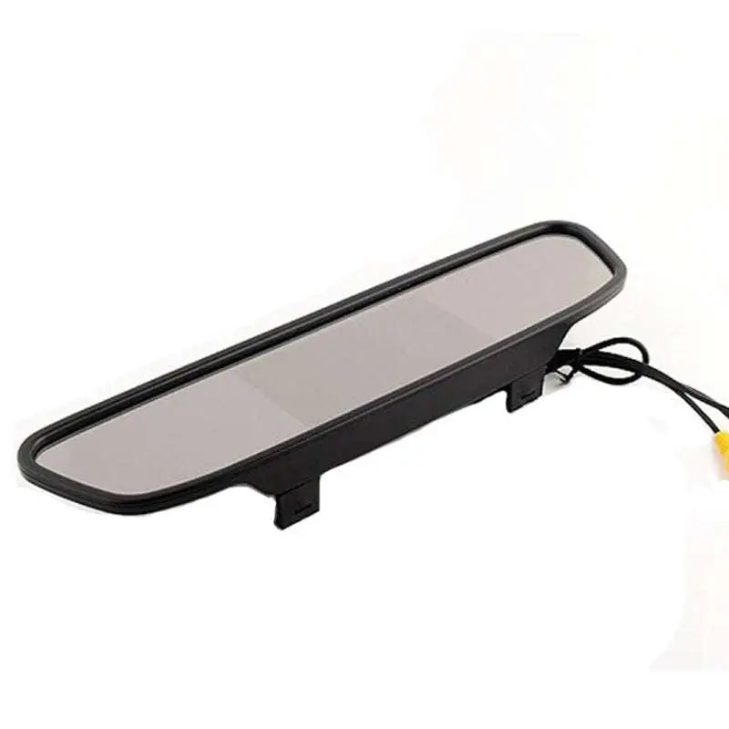 Black rectangular 4.3 inch led rear view mirror with reversing camera, black lens, plastic frame, and visible wiring
