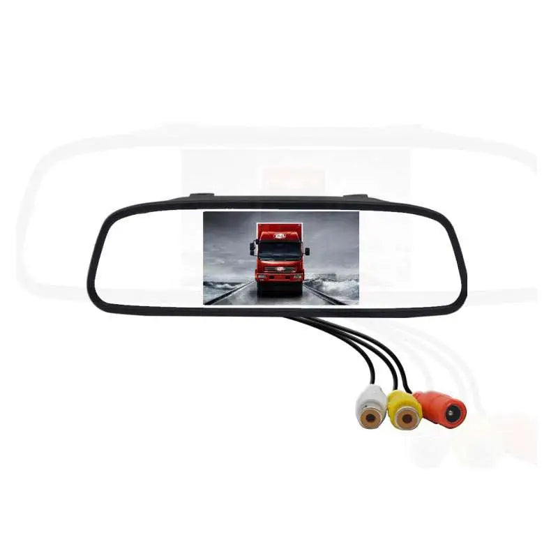Black-framed 4.3 inch led rear view mirror with reversing camera and black lens connected by three rca cables on wet road
