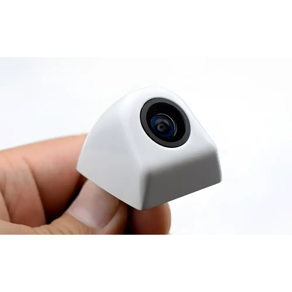 White compact reversing camera with black lens ring and blue-tinted glass for threaded mounting on 4.3 inch led rear view mirror