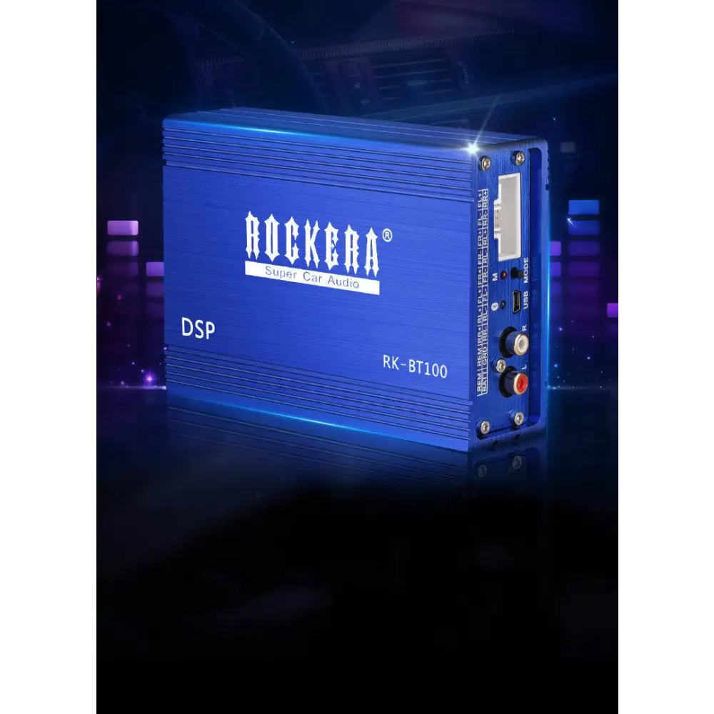 Blue rockera rk-bt100 4 channel car audio amplifier dsp audio processor with multi-colored wiring on the back side