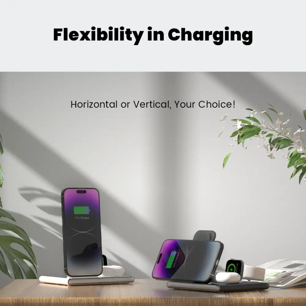 Black 4-in-1 foldable wireless charging station with multiple slots for phone apple watch and night light feature