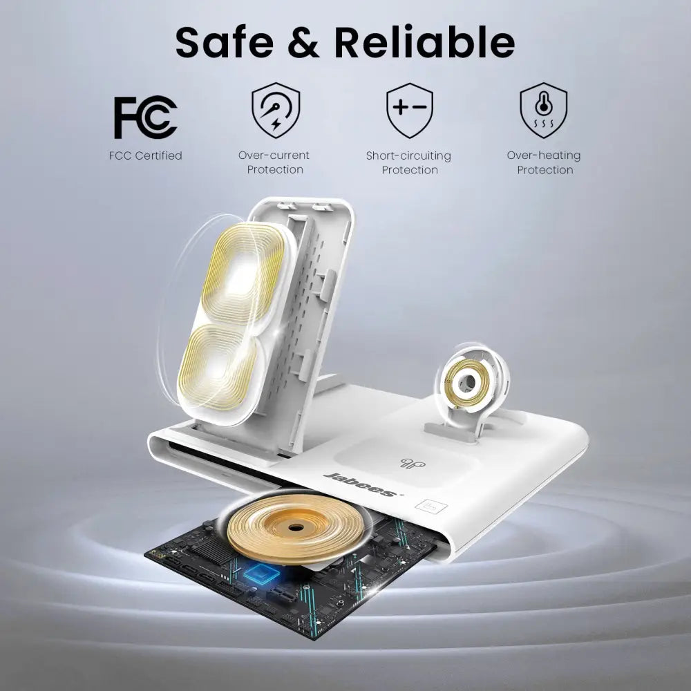 White foldable wireless charging station with two coils and gold magnetic base for apple watch with night light