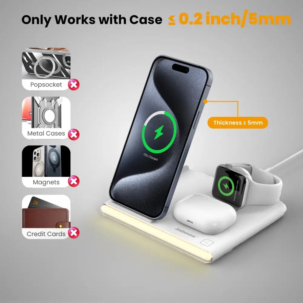 White 4-in-1 foldable wireless charging station with integrated slots for phone apple watch earbuds and night light