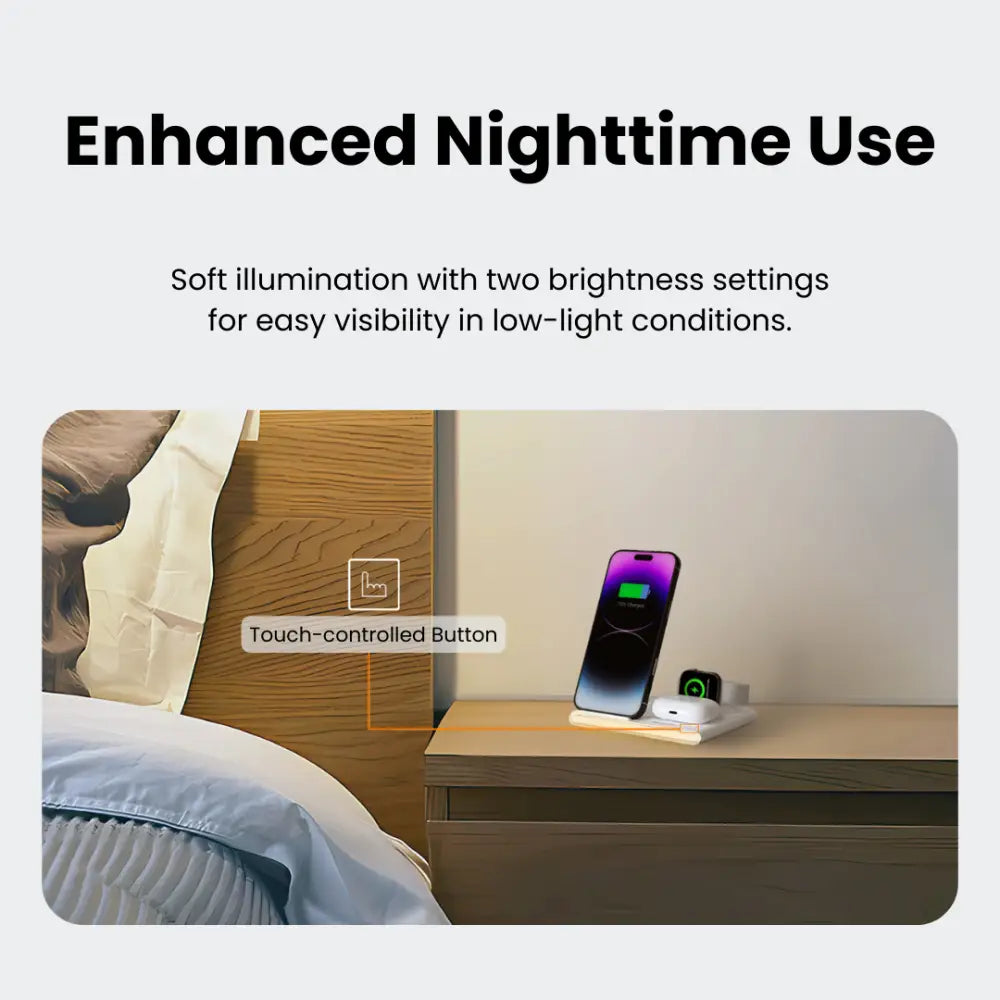 White 4-in-1 foldable wireless charging station with touch-controlled button and soft night light for apple watch