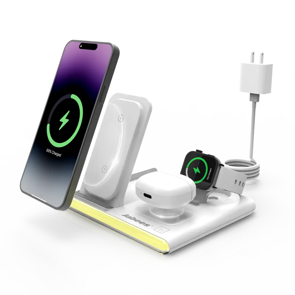 White jabraes 4-in-1 foldable wireless charging station with night light supports apple watch phone and earbuds charging