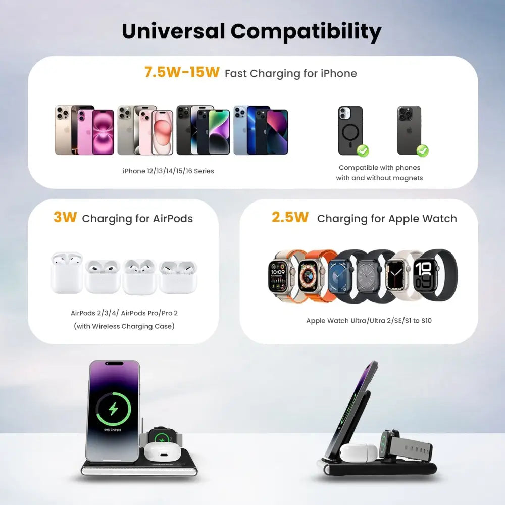 Black 4-in-1 foldable wireless charging station with night light featuring slots for iphone airpods and apple watch