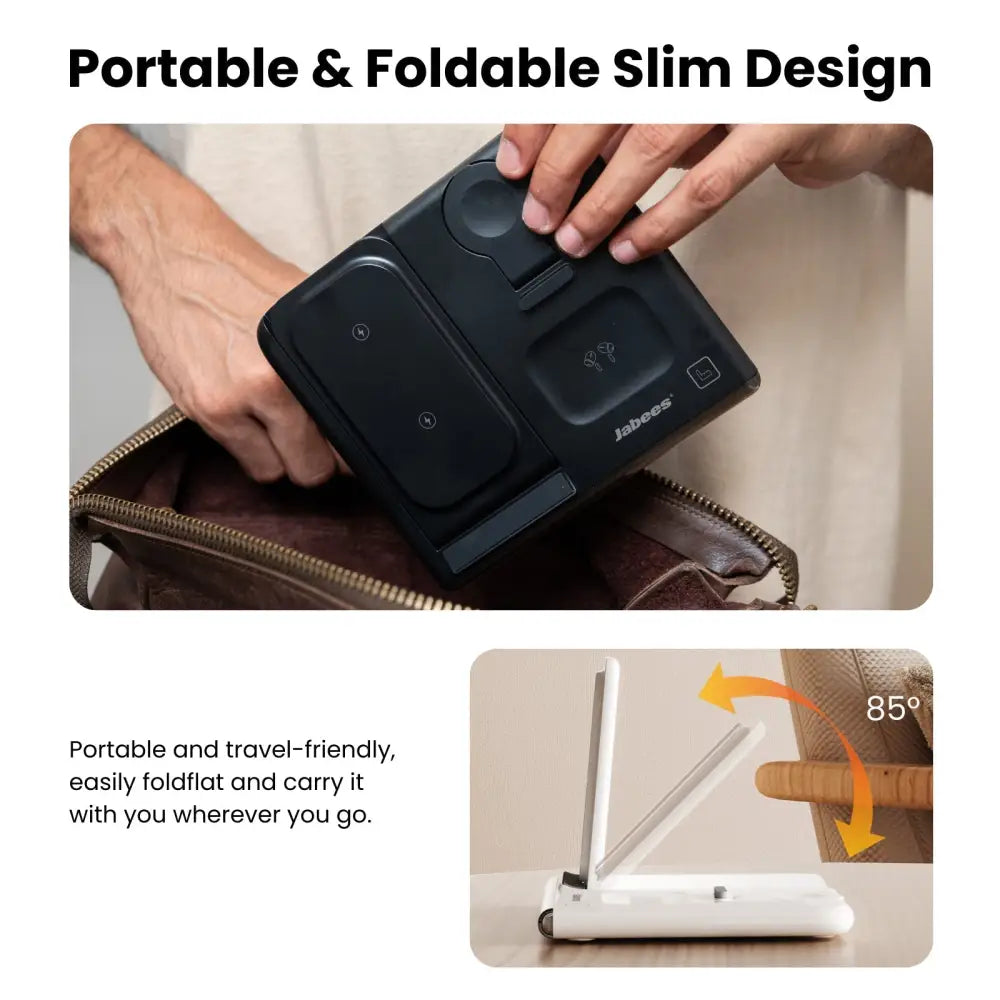 Black jabees foldable wireless charging station with dual charging pads and night light for apple watch and devices