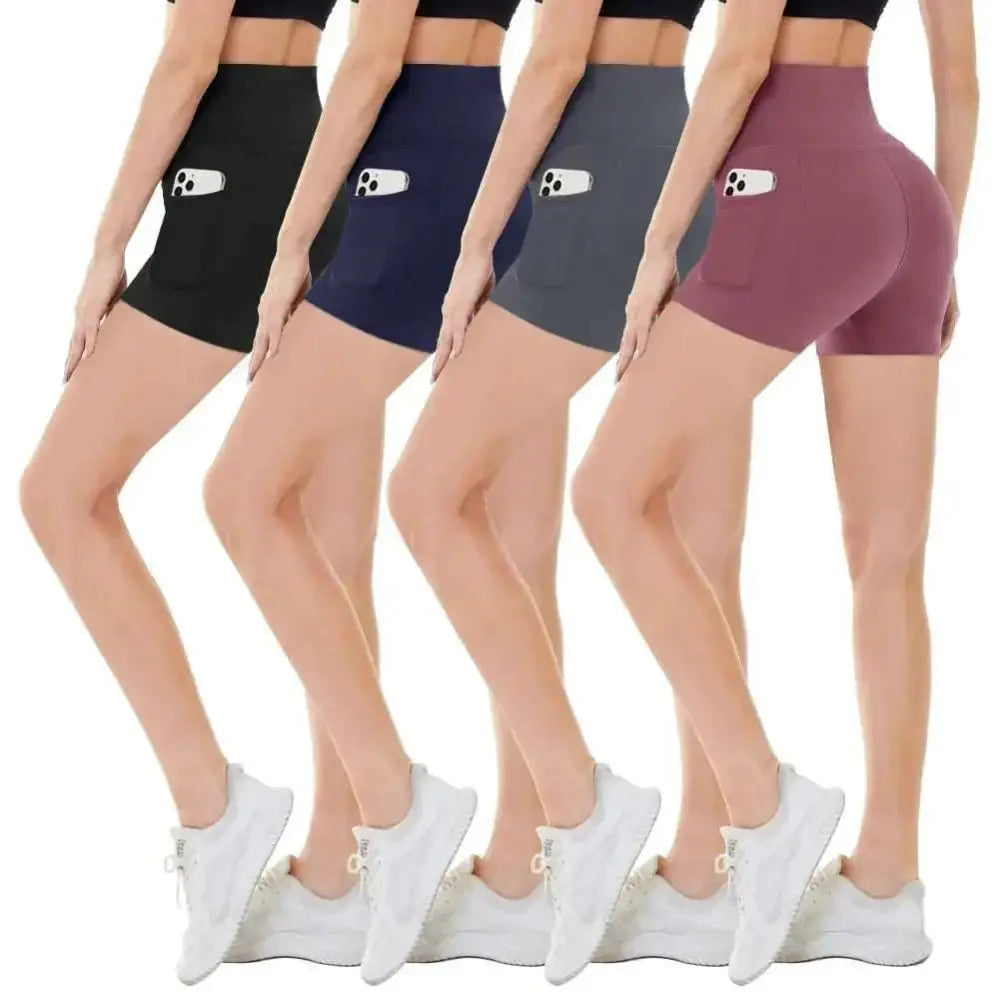 Four pack biker shorts with tummy control in black navy blue gray and mauve featuring a front smartphone pocket
