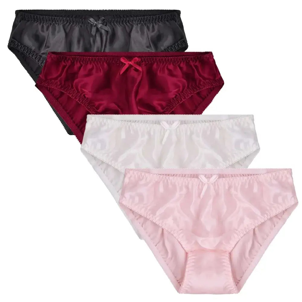 Set of four multicolor silk panties satin bikini panties in black burgundy white and pink with matching front bows