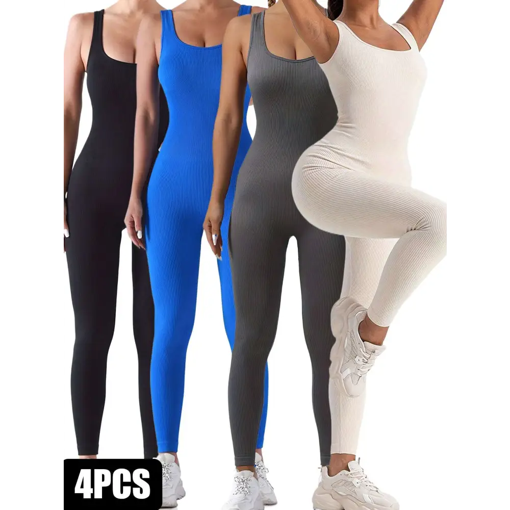 A 4 pack ribbed solid color casual wear bodysuits in black blue gray and white with waist curve design