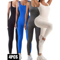 A 4 pack ribbed solid color casual wear bodysuits in black blue gray and white with waist curve design