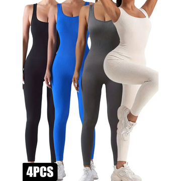 A 4 pack ribbed solid color casual wear bodysuits in black blue gray and white with waist curve design