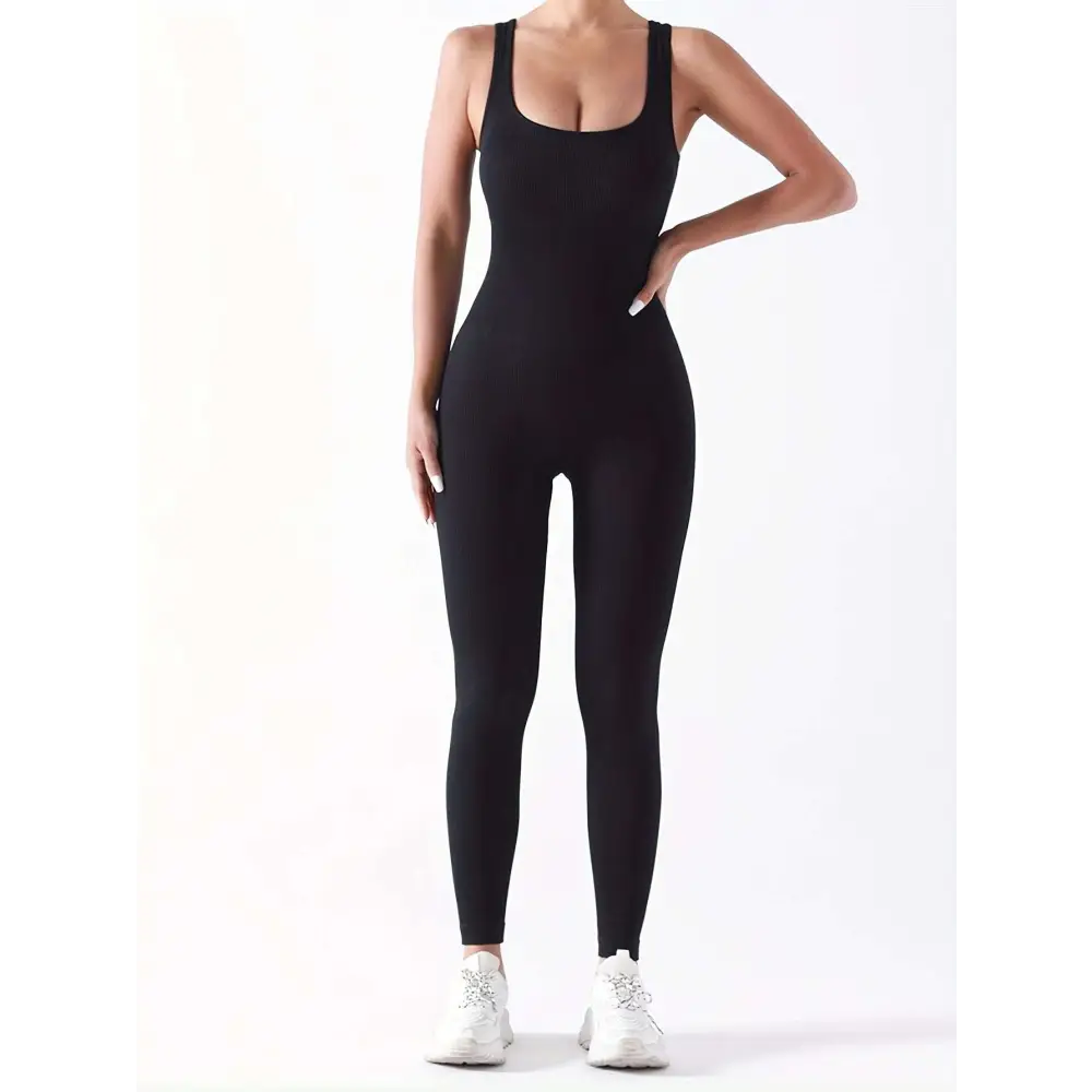 Black ribbed solid color casual wear bodysuit with square neckline and thin straps accentuating waist curve in pack ribbed solid