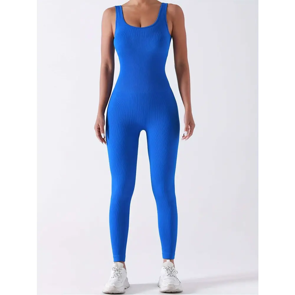 A vibrant royal blue ribbed one-piece casual wear bodysuit with scoop neckline and waist curve in pack ribbed solid design