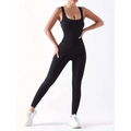 Black ribbed one-piece athletic jumpsuit with scoop neckline and high-waisted leggings for casual wear bodysuits pack ribbed solid