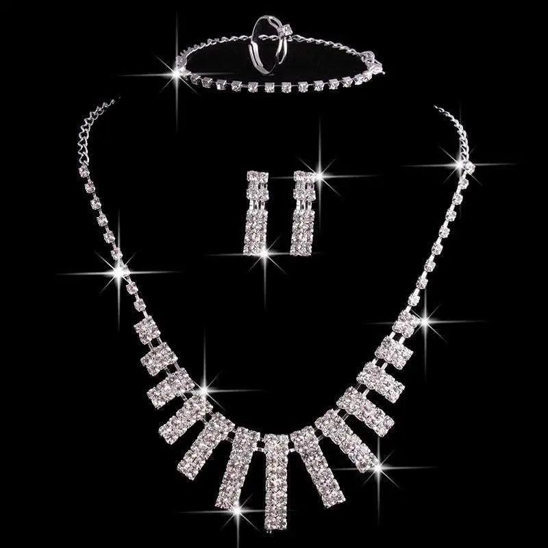 Sparkling silver 4 pieces rhinestones necklace set with geometric cascading rhinestones and matching earrings