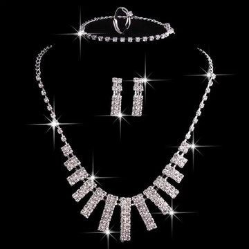 Sparkling silver 4 pieces rhinestones necklace set with geometric cascading rhinestones and matching earrings