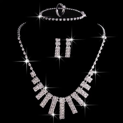 Sparkling silver 4 pieces rhinestones necklace set with geometric cascading rhinestones and matching earrings