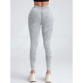 Gray camouflage high-waisted leggings with scrunch butt lifting design elastic waistband shown from the back side