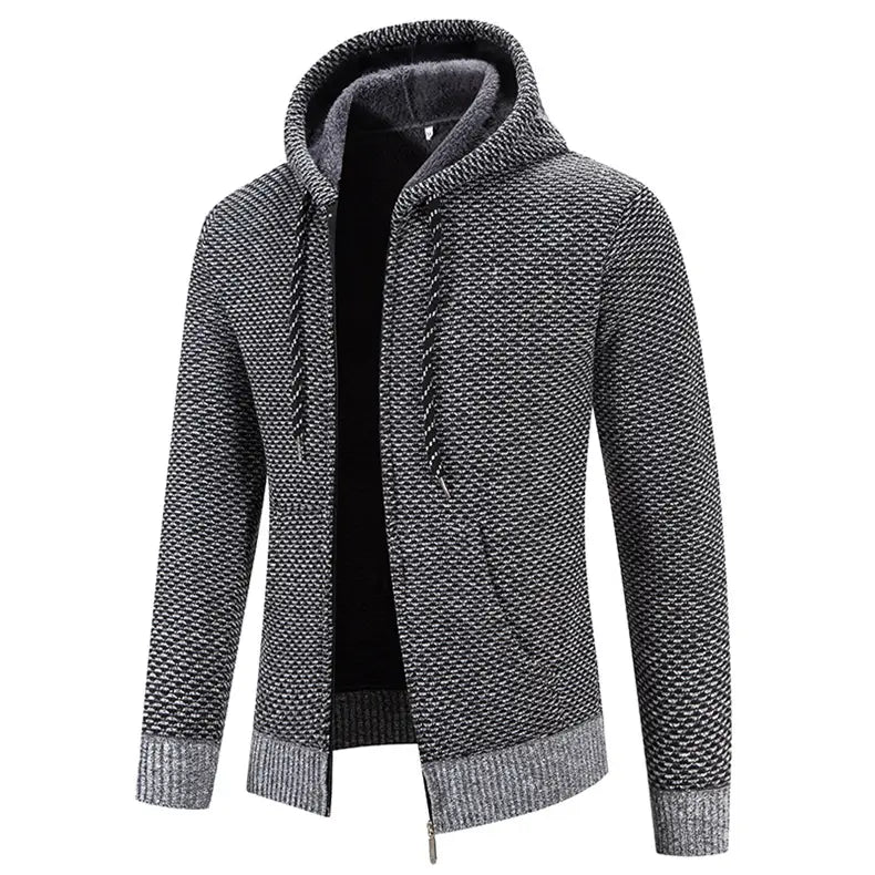 gray textured knit thicken winter coat with zipper closure features a plush hoodie with black inner lining and matching drawstrings for added warmth and style.