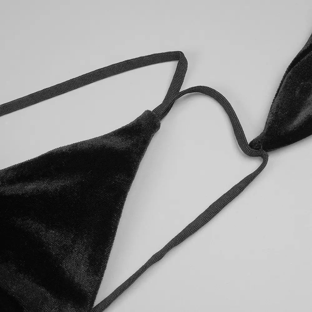 black velvet triangle top camisole backless slim with thin matching fabric straps for a backless slim fit floral gown