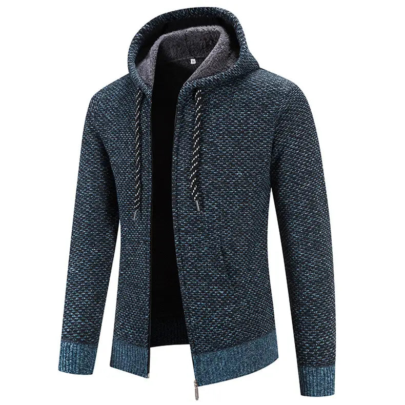 dark blue textured knit winter coat with zipper closure solid featuring a plush gray-lined hood and matching ribbed cuffs