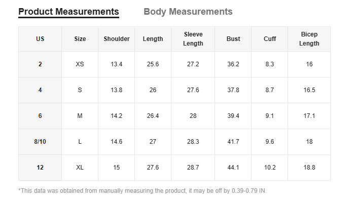 A detailed size chart for the elegant loose geometric print lantern sleeve blouse showing measurements in inches across US sizes from XS to XL.