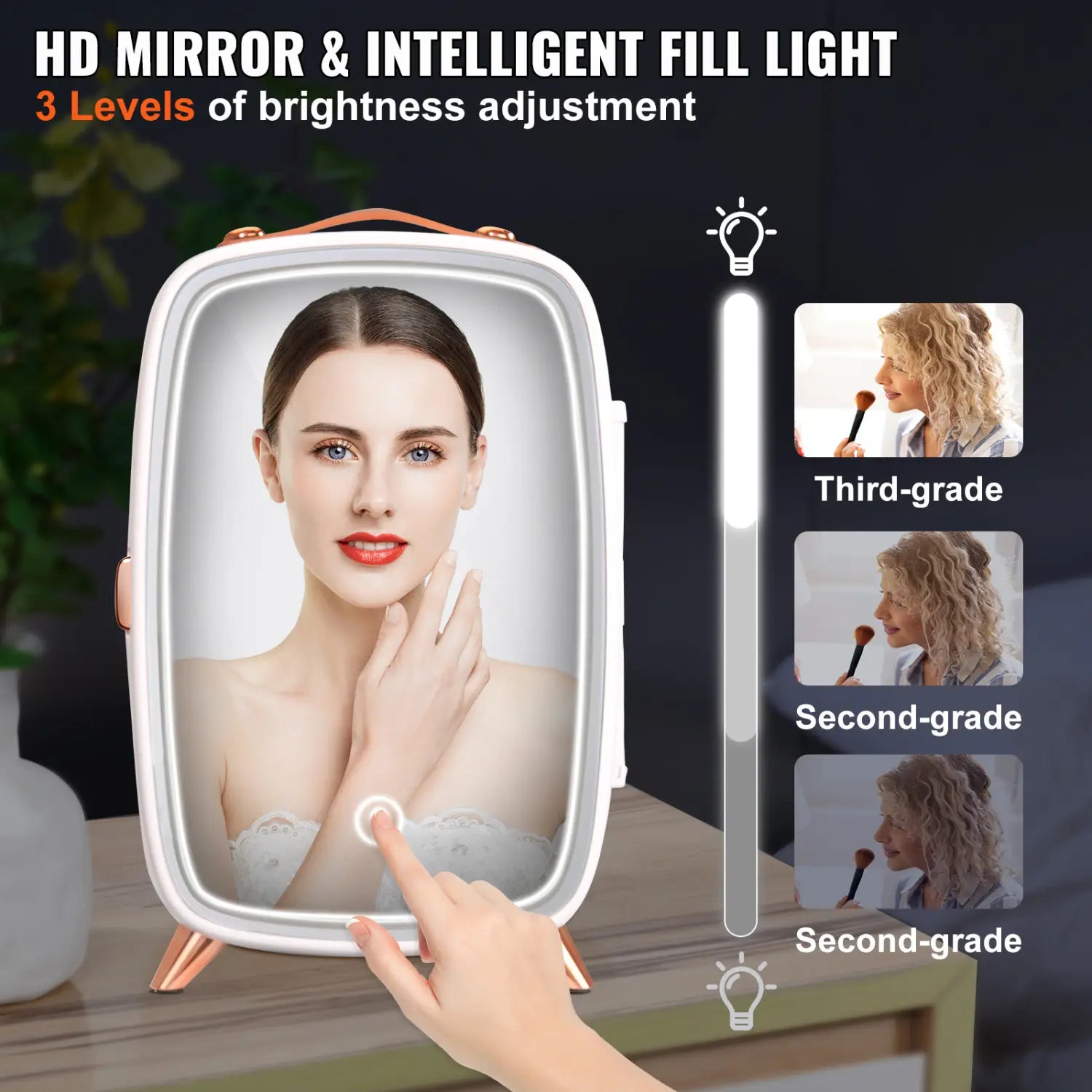 A sleek white and rose gold luxury skin care 6l mini fridge with mirror featuring an hd display, intelligent fill light, and three brightness levels for makeup application, ideal for skin care fridges and vevor mini fridge users.