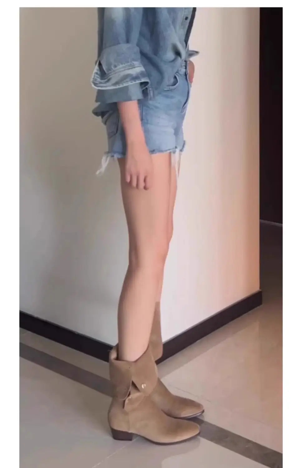 tan suede western cowboy flip pile style ankle boots with low block heel and decorative side zipper