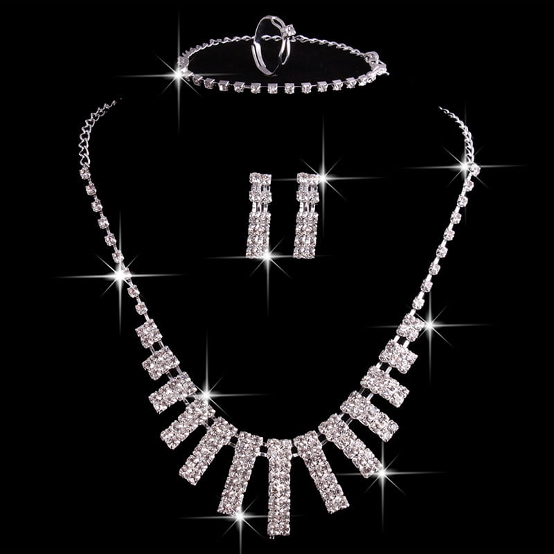 sparkling silver 4 pieces rhinestones necklace set featuring a geometric cascading rhinestones necklace with matching earrings and bracelet fashion jewelry.