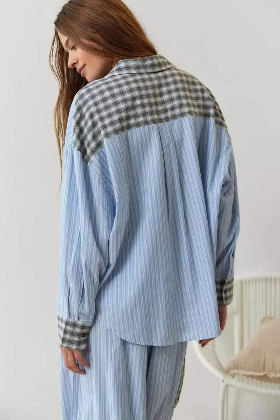 women’s pink muted plaid shirt outfit dressing gown featuring a light blue vertically striped pajama shirt with contrasting black and white checkered collar cuffs and sleeve ends, ideal as a gown plaid shirt or dressing gown plaid option