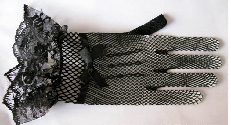 black fishnet stretch mesh gloves featuring floral lace cuffs and a small bow at the wrist in a knitted stretch mesh design
