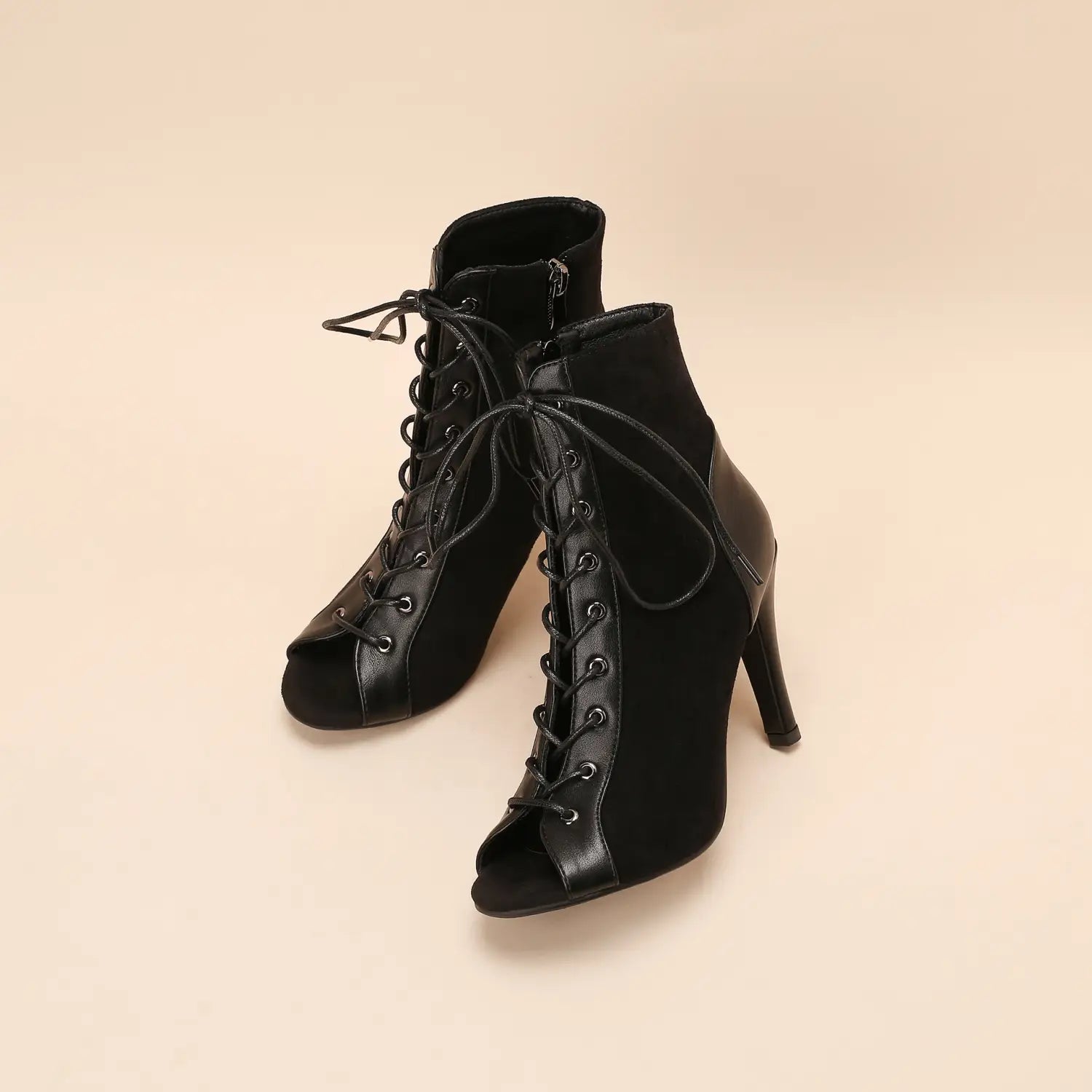 black lace-up peep toe frosted casual shoes feature high heels with contrasting smooth leather accents and snake print details.