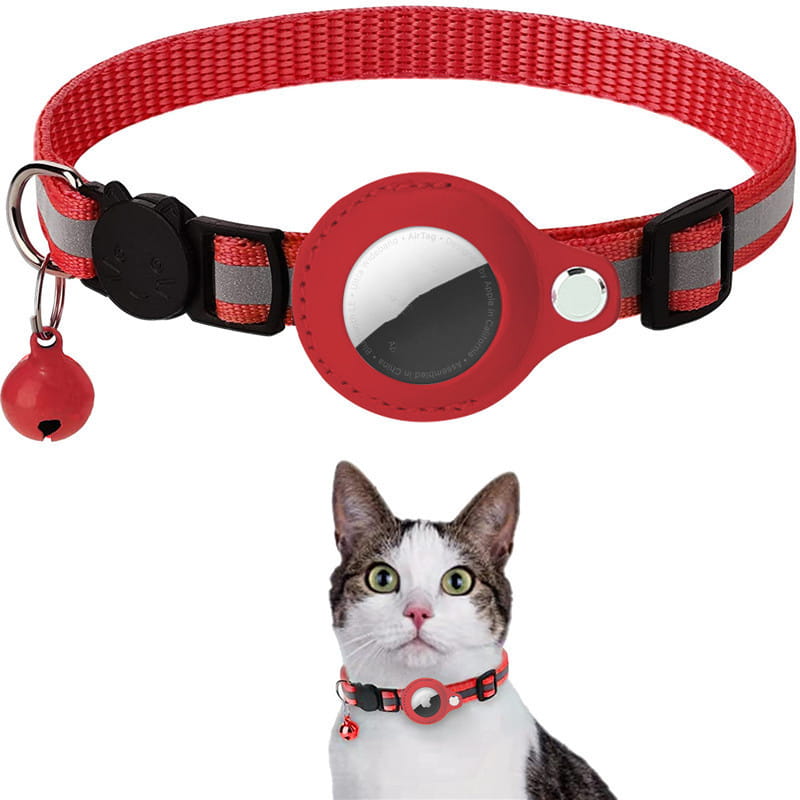 Red woven reflective collar waterproof holder case featuring reflective strips, a black plastic buckle, and a circular red silicone tracker holder for AirTag.