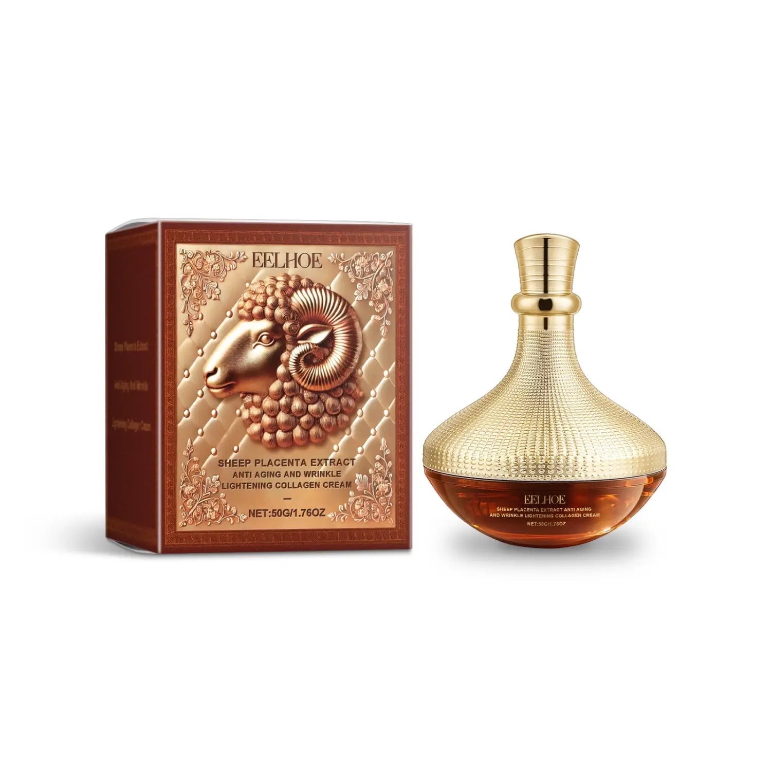 gold-toned textured bottle of sheep placenta extract anti aging collagen cream with ornate box featuring embossed ram design for wrinkle lightening and skin rejuvenation.