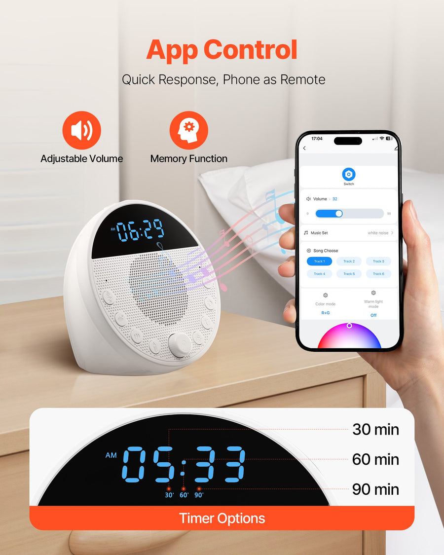 Baby White Noise Sound Machine - 18 Soothing Sounds, 7-Color Night Light, App Control & Timer