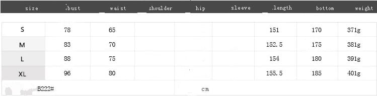 Size chart for a women’s red lace spliced chiffon gown displaying measurements in centimeters and weight in grams for sizes S through XL.