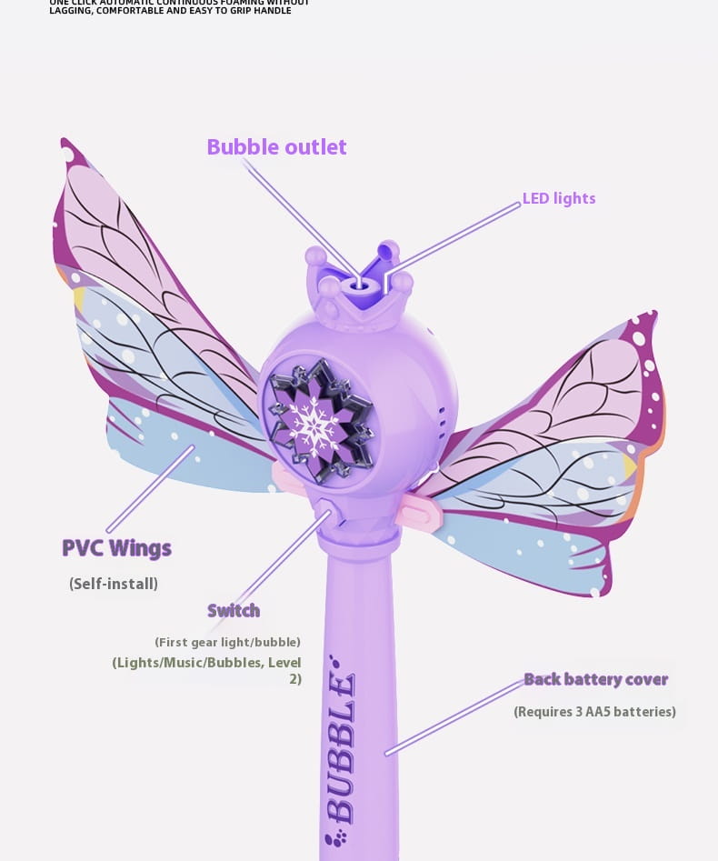 Purple butterfly fairy bubble stick with led lights, translucent pink and blue pvc wings, a crown-shaped top, and a purple bubble wand.