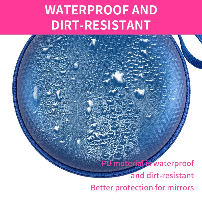 blue and silver round bag mirror case featuring a blue circular pu case with a textured water-resistant surface and matching blue zipper trim