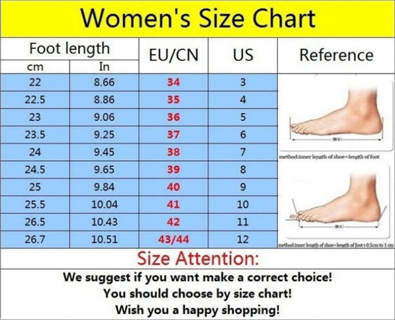 women’s black leather peep toe high heel pumps size chart showing measurements in centimeters and inches with european cn and us sizes and foot diagrams for toe high heel fitting guidance