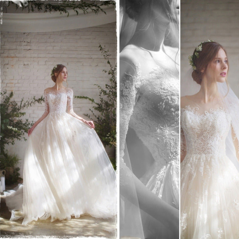 Elegant Lace Sleeve Wedding Dress for Brides – White, S-XL