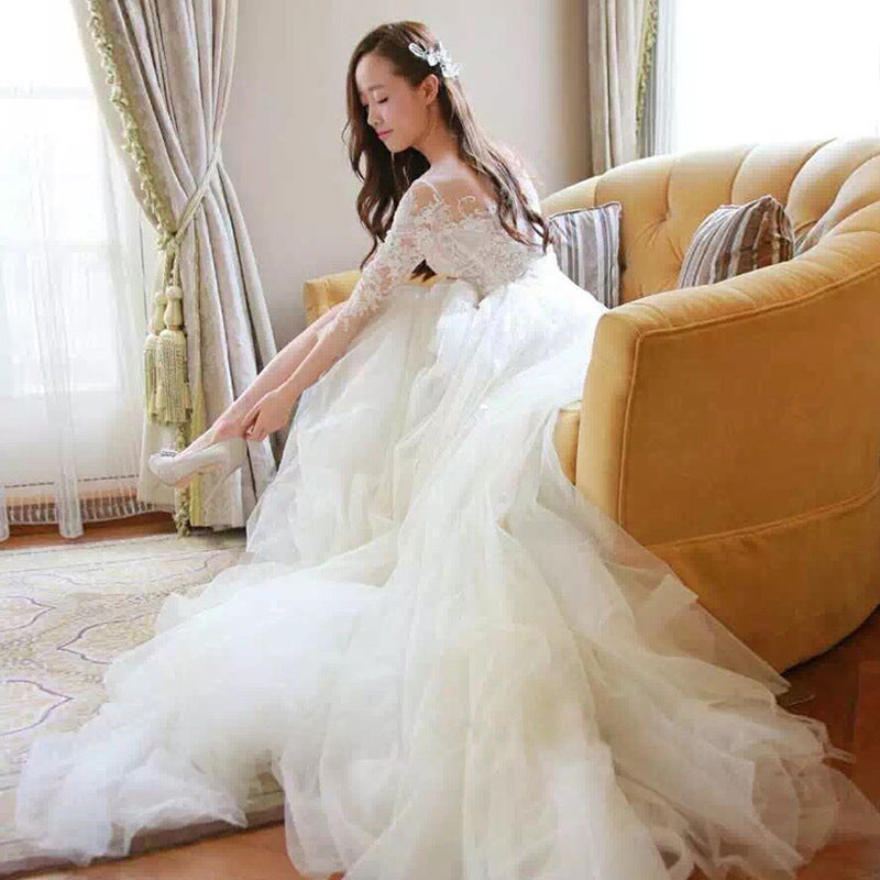 Elegant Lace Sleeve Wedding Dress for Brides – White, S-XL