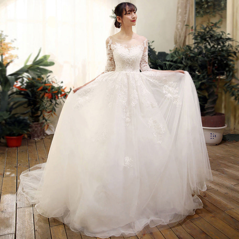 Elegant Lace Sleeve Wedding Dress for Brides – White, S-XL