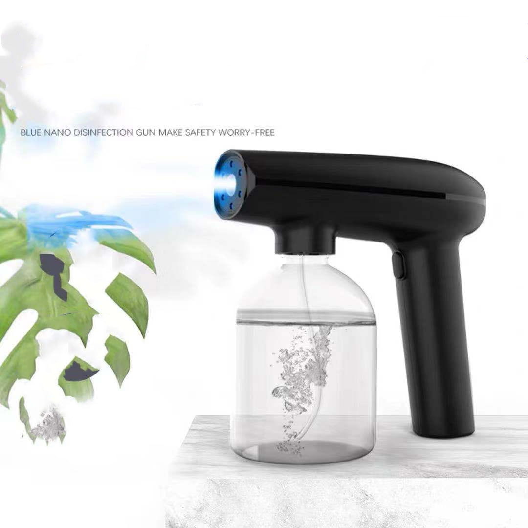 Black handheld blue nano disinfection gun with a transparent water reservoir featured as the K5 Pro electric sanitizer sprayer spray gun.