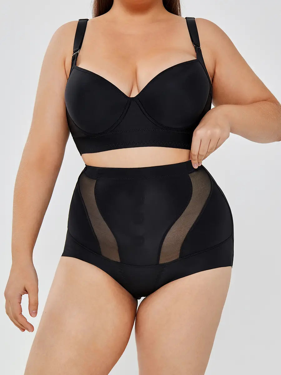 Black womens tummy control high waist shapewear briefs with high waist design and sheer mesh panels for body shaping.