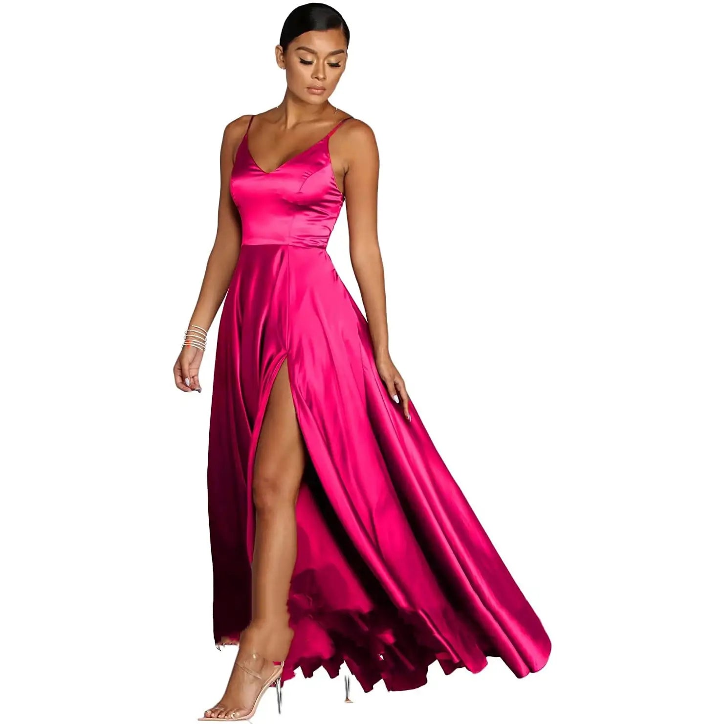 A vibrant fuchsia satin temperament long dress featuring a v-neckline and high slit designed for a versatile casual temperament look.