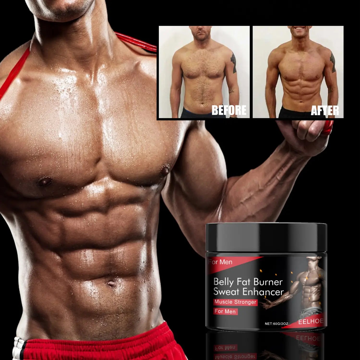 black cylindrical container with red and white labeling for exercise strengthening muscle sweat massage cream designed for men’s belly fat burner supplement