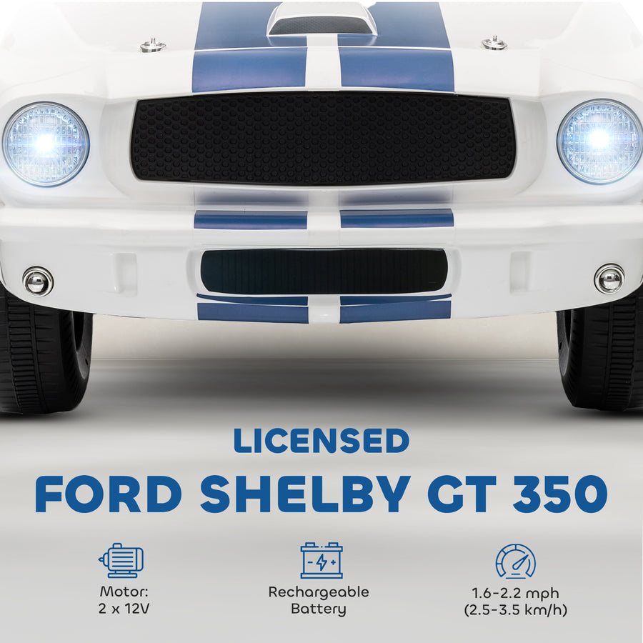 Ford Shelby GT 350 Kids Ride-On Car — 12V, Remote Control, MP3, LED Lights, White, Ages 3–6
